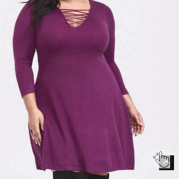 TORRID Dark Purple Mini Sweater Cross Front Skater Dress Size 4 - Picture 6 of 8